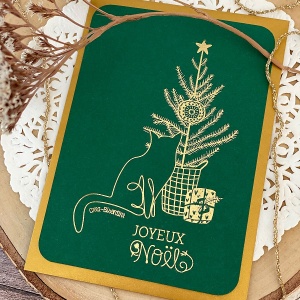 Carte postale "Joyeux Noël chat" dorée