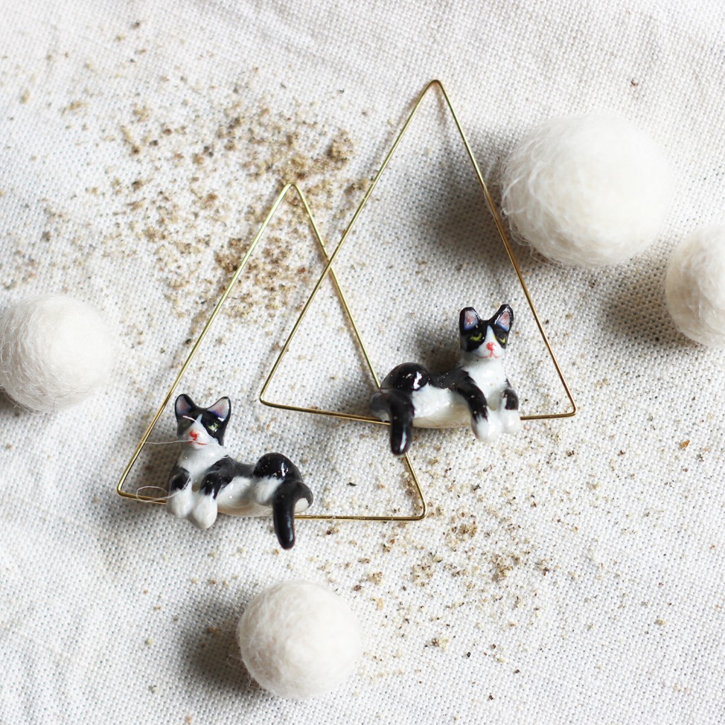 Boucles d'oreilles chat noir & blanc en porcelaine